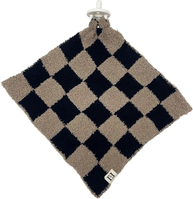 Leaps + Legends L+L USA Checkered Baby Lovey Pacifier/Teether Holder 10"x10" - DreamSoft Plush Fluffy Cuddly Soothie Reversible Mini Comfort Blanket - Cute Newborn Gift Essential for Babies Boys Girls (Black/Brown) - Image 1